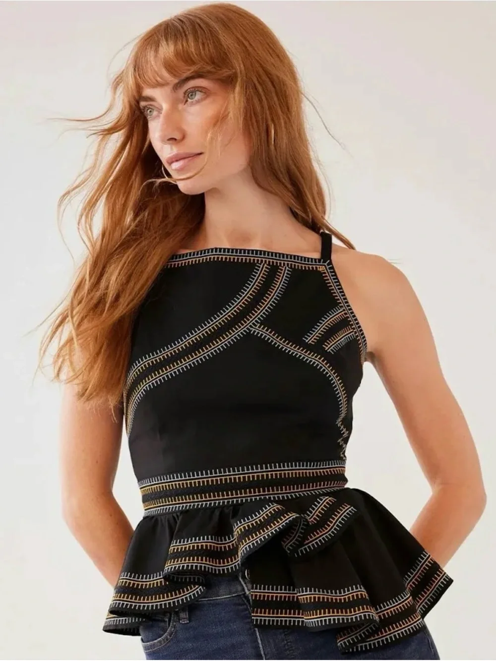 White House Black Market Embroidered Halter Peplum Top NWT